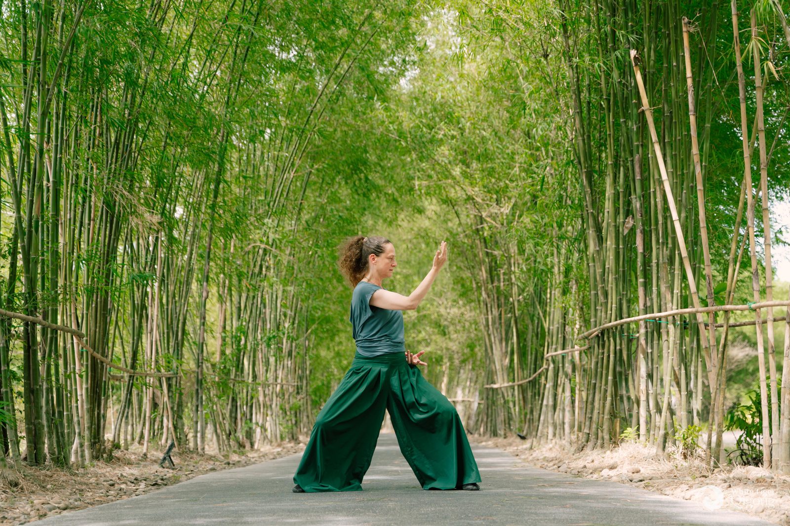 Hanna Sahlman in a low, wide Qigong stance on a path through a tall bamboo grove, one hand raised in front of her.
