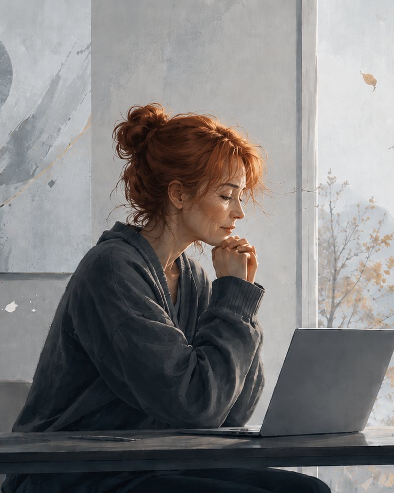 An illustration of a person at a desk by a window, hands folded beneath the chin, eyes closed for a moment above an open laptop.